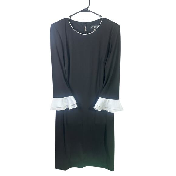 KARL LAGERFELD PARIS BLACK DRESS BABY BLUE RUFFLE CUFF WOMEN’S SIZE 10 - Picture 1 of 8